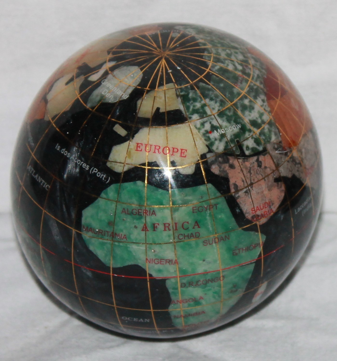 Vintage Alexander Kalifano Gemstone Globe Paper Weight Black Opalite Ocean