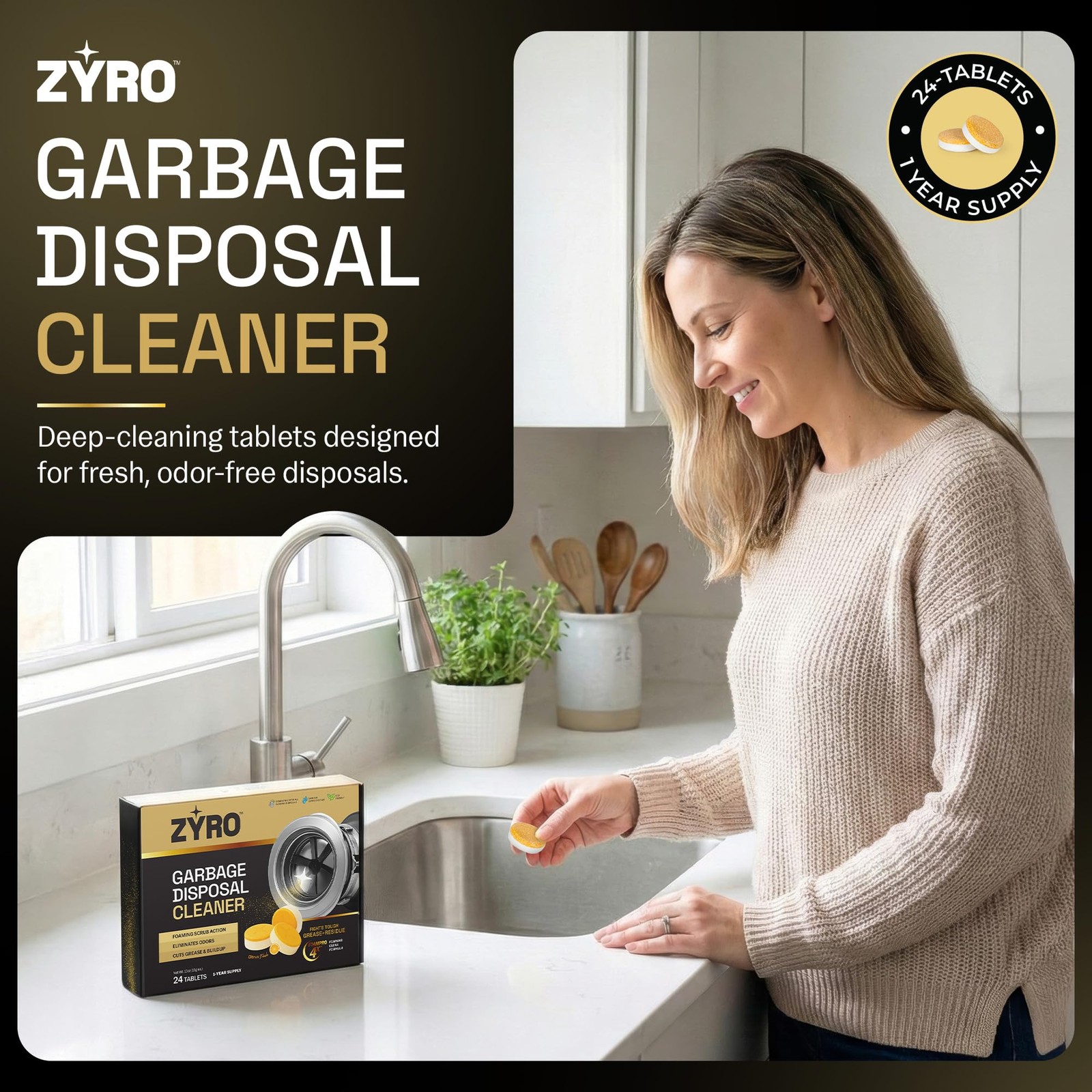 Zyro Plus Garbage Disposal Cleaner Tablets 24 Pack Deodorizer