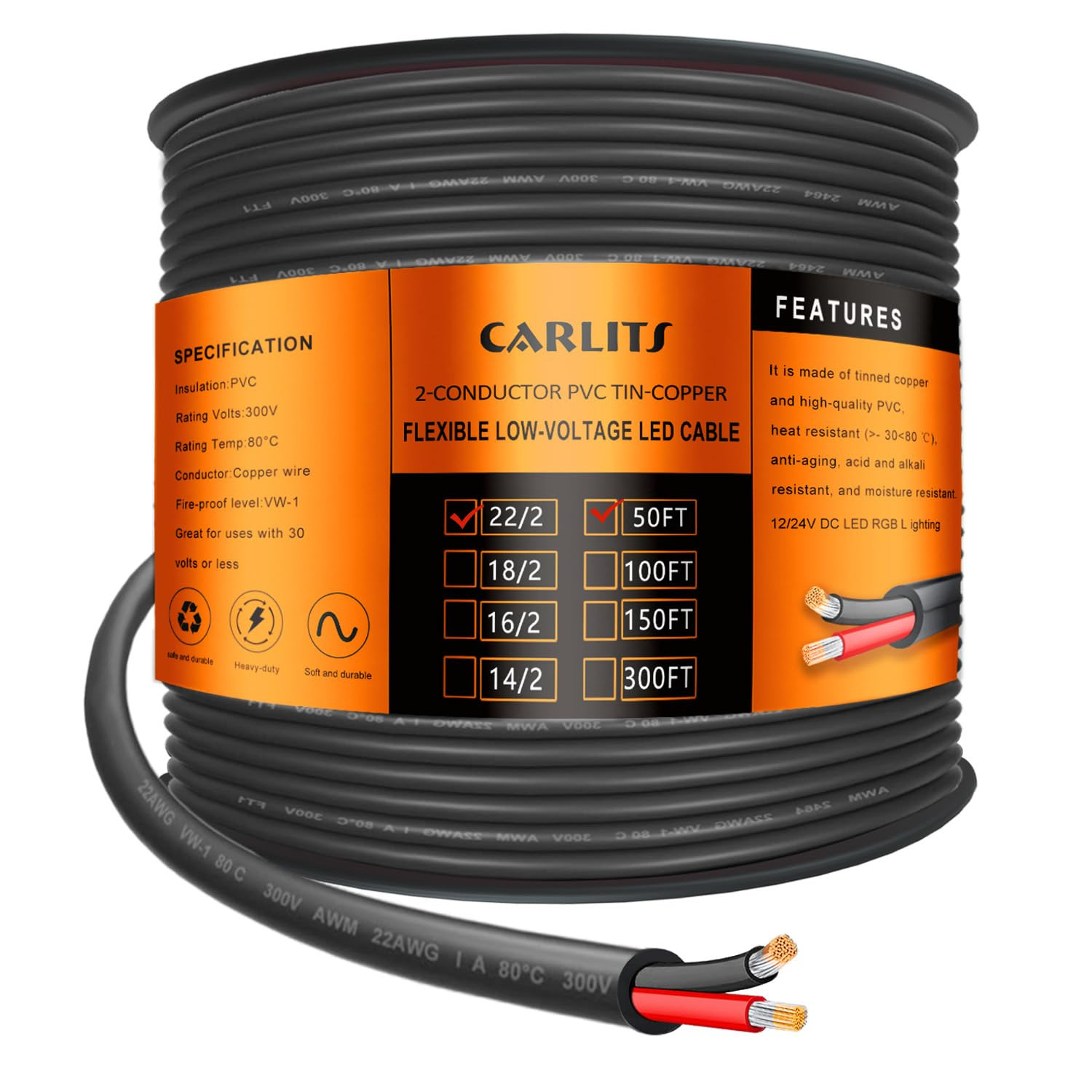 22 Gauge 2 Conductor Electrical Wire, 50FT Black Stranded Low Voltage 22/2 Cable