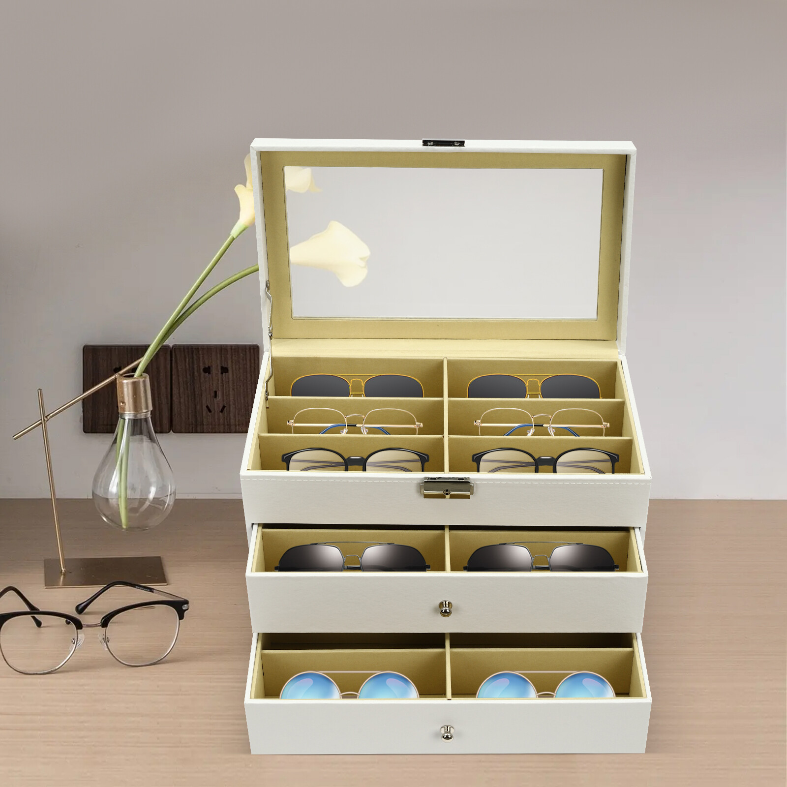 18-Slot Eyeglass Storage Box with Lock & Key - Durable PU Protection