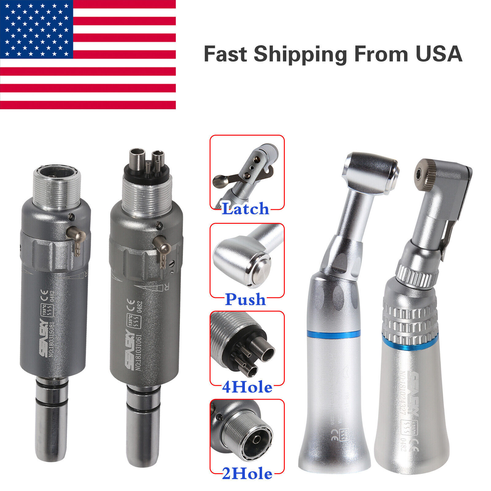 Dental Slow Low Speed Contra Angle Handpiece Latch/Push 2/4Hole Air Motor