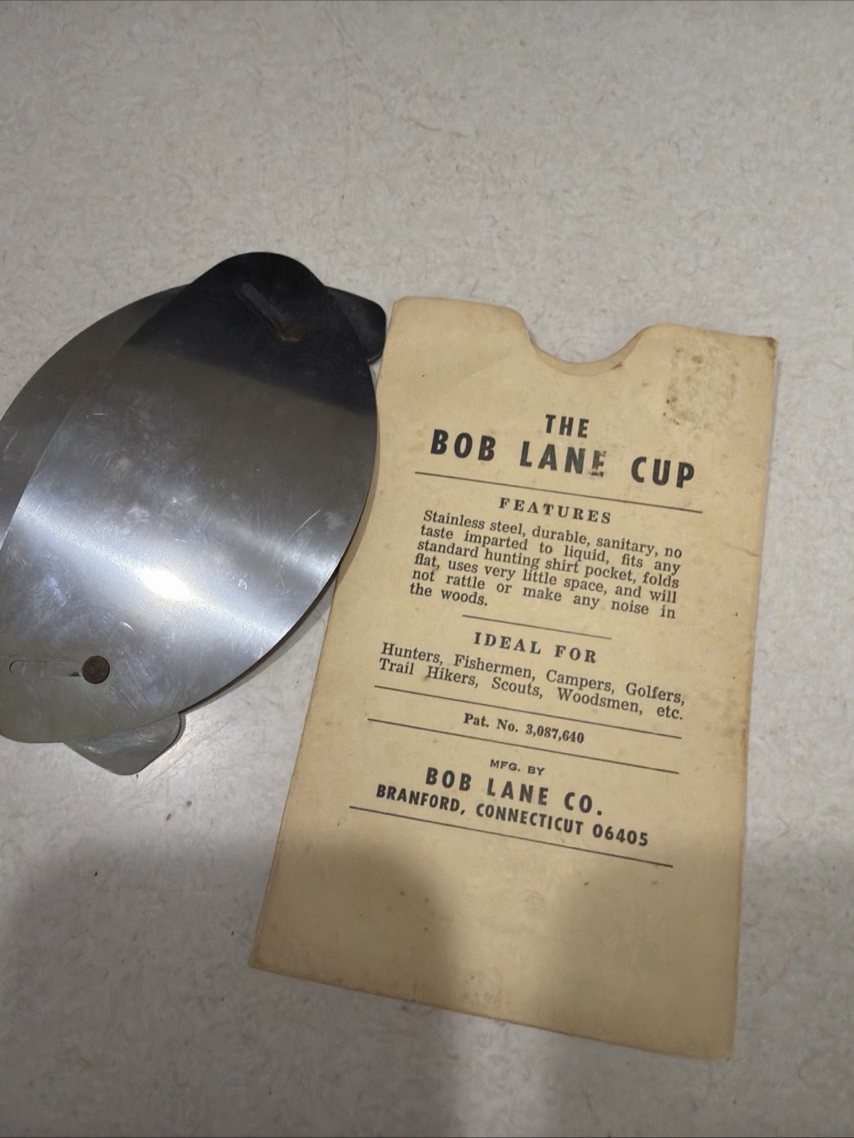 Vintage Bob Lane Stainless Steel Flat Pocket Cup in Envelope
