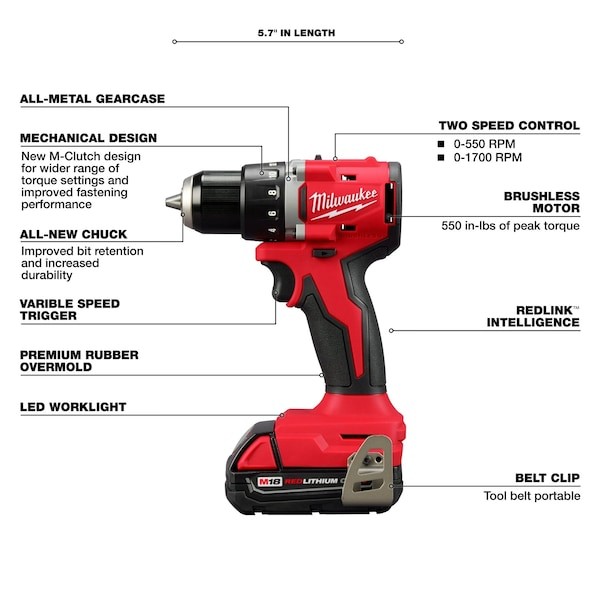 Milwaukee Tool 3601-22Ct M18 Compact Brushless 1/2" Drill/Driver Kit