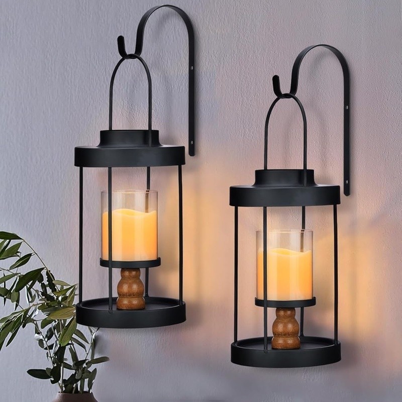 Set of 2 Wall Sconces W/ Flickering LED Candles Timer Function Black Metal New