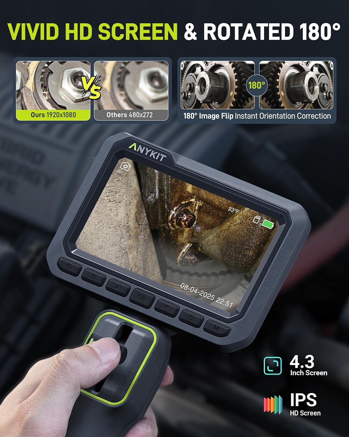 Anykit Articulating Borescope 210° Two-Way 0.22in Slim Probe Endoscope 4.3" IPS