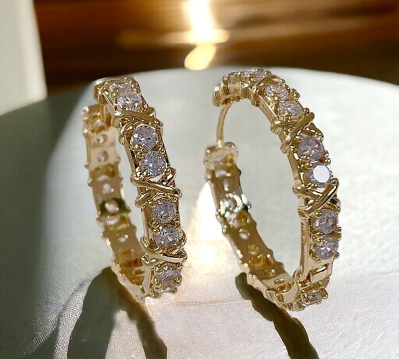 Moissanite Hoop Earrings 1.30 CT Round Cut Solid 14K Yellow Gold Gift For Women