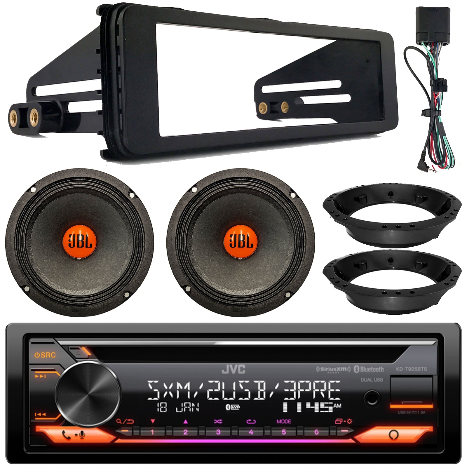 JVC CD Receiver, 2x 6.5" 300W Speakers w/Adapter, Harley 98-13 Radio Install Kit