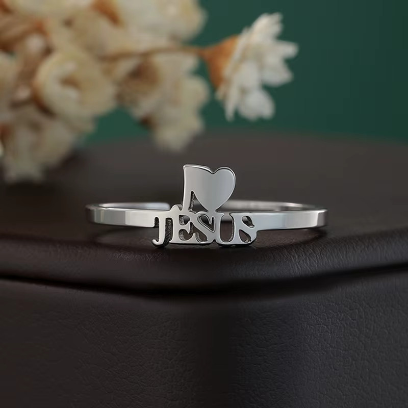Love Jesus Heart Ring Stainless Silver Gold Adjustable Size w/men Revelation7:15