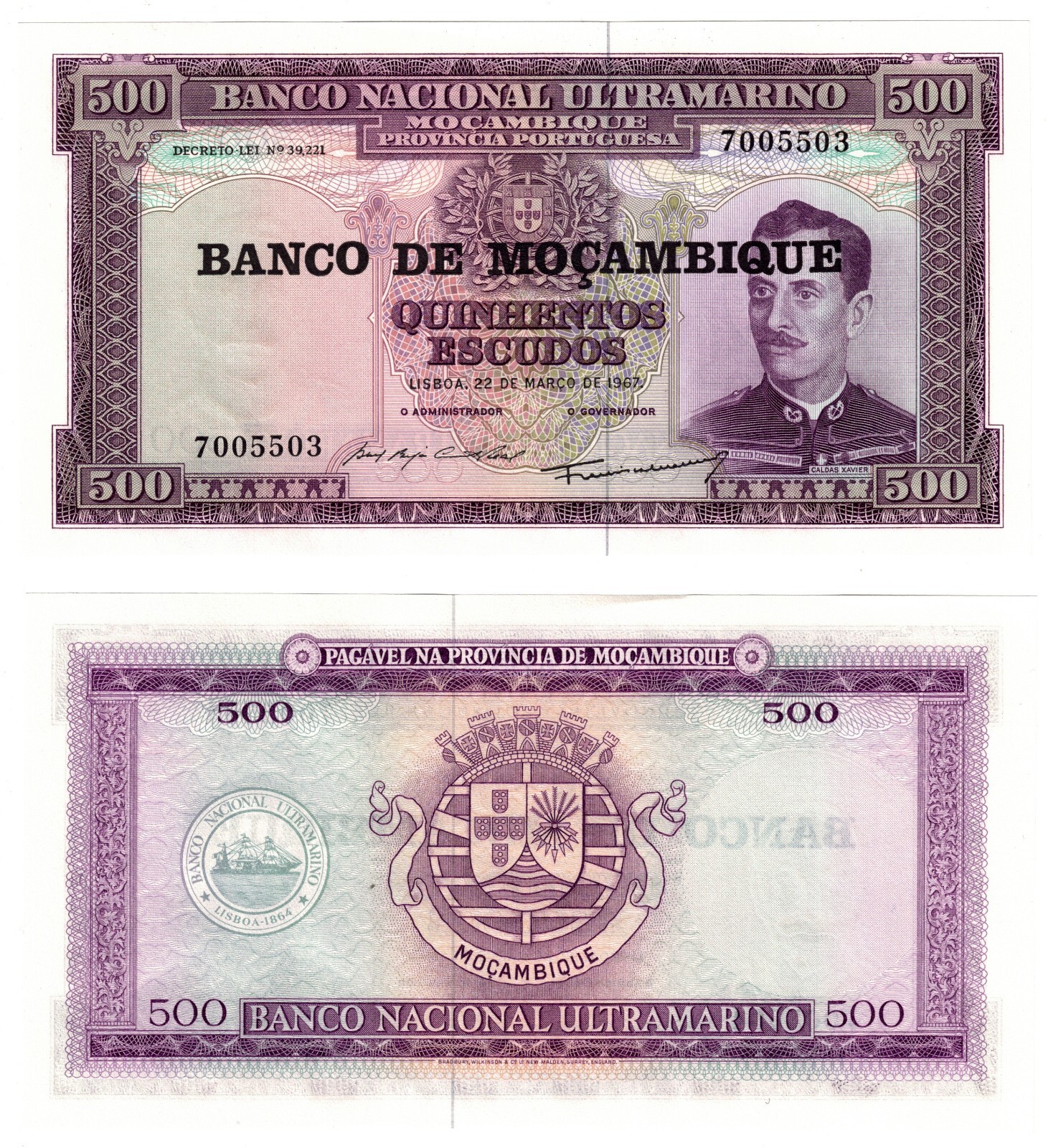 1976 Mozambique Banknote P118 500 Escudos UNC Ultramarino