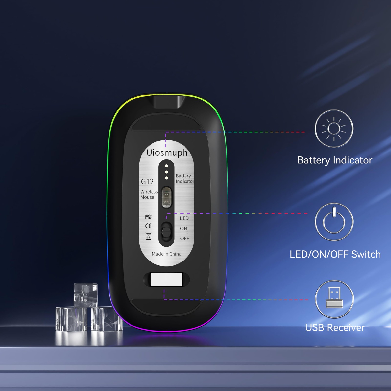 LED Wireless Mouse, G12 Slim Rechargeable Silent Mouse, 2.4G Portable USB Opt...