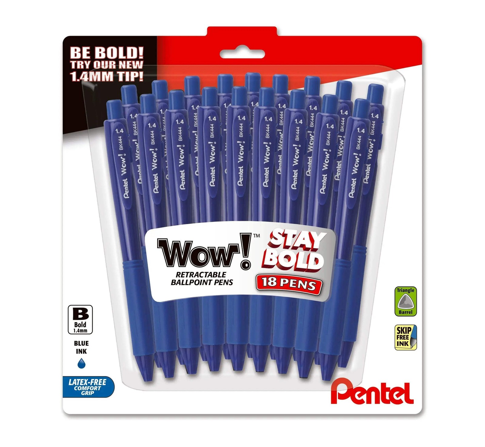 Pentel Wow! Retractable Ballpoint Pen, (1.4mm), Bold Line, Blue Ink, Pack of 18