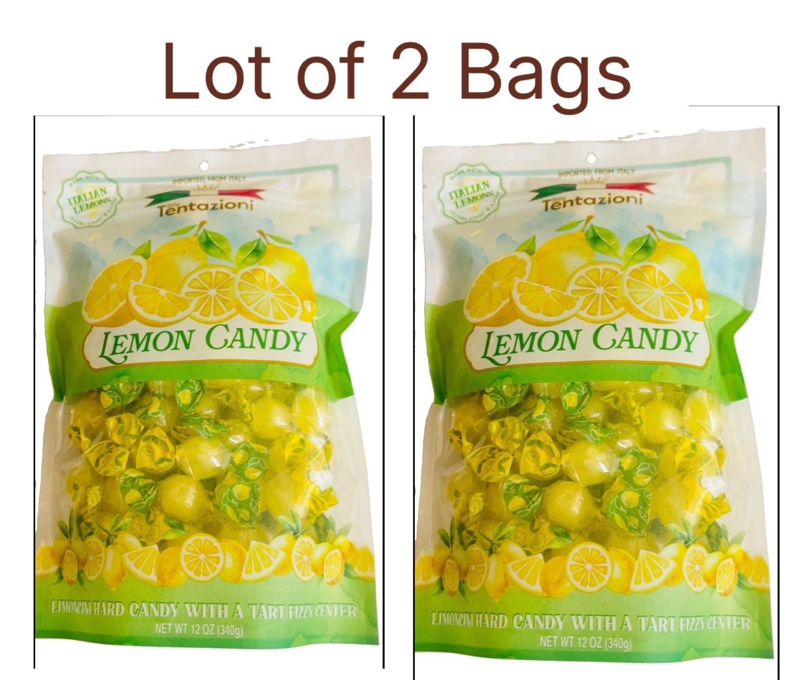 Lot Of 2 Bags Tentazioni Italian Lemon Hard Candy With Tart Fizzy Center 12 Oz