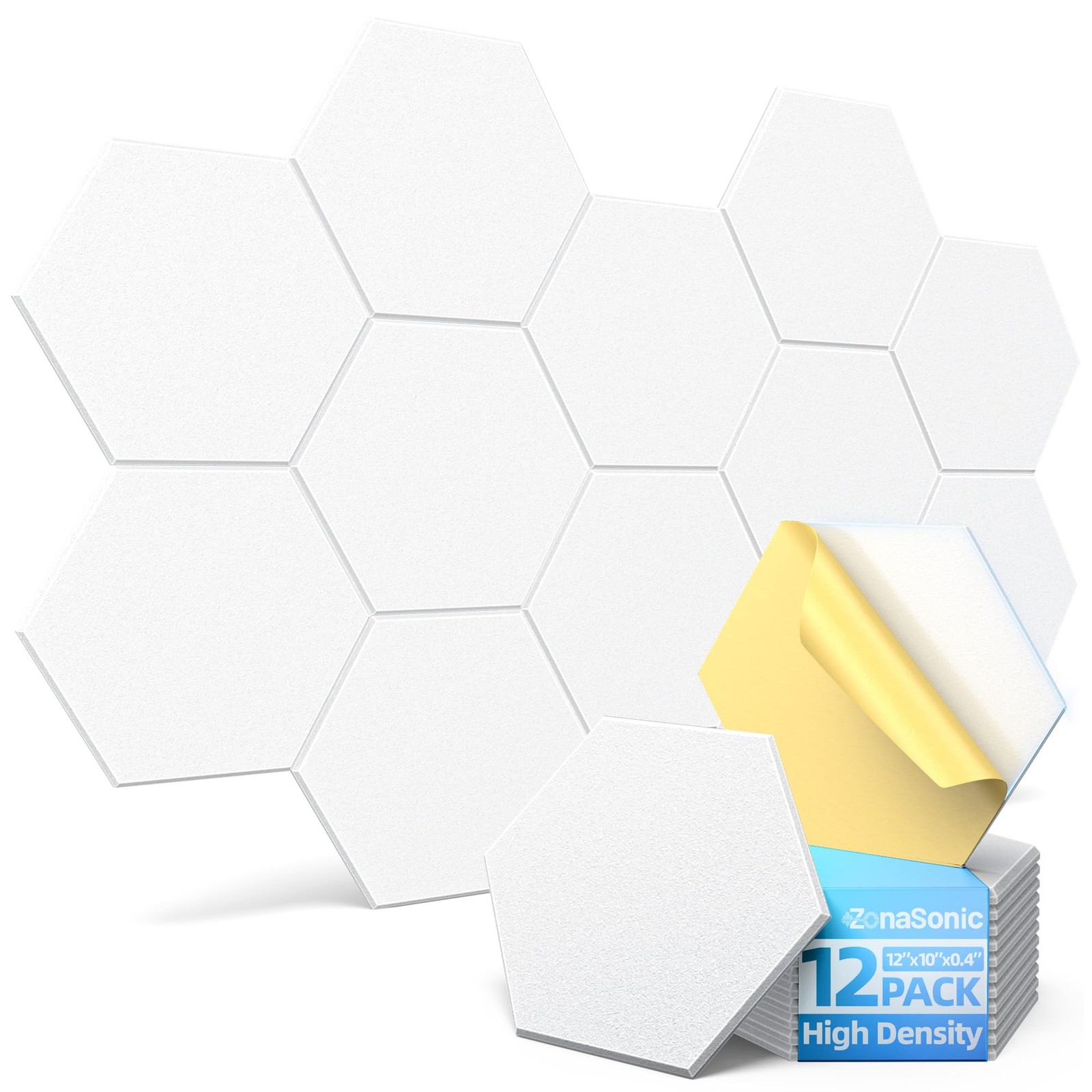 12 Pack Hexagon Acoustic Panels with Self-Adhesive, 12" X 10" X 0.4" Sound Pr...