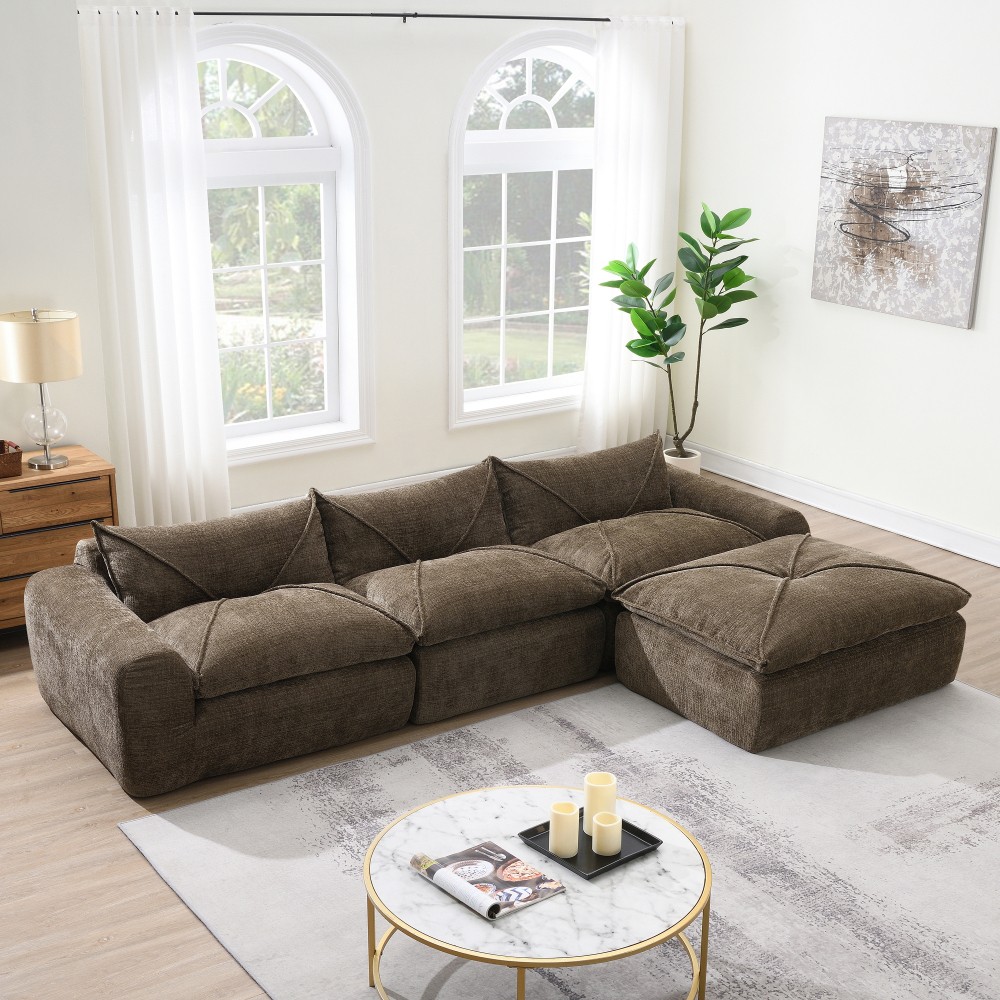 Brown Chenille 4-Seater Sectional Sofa w/Ottoman - No Assembly