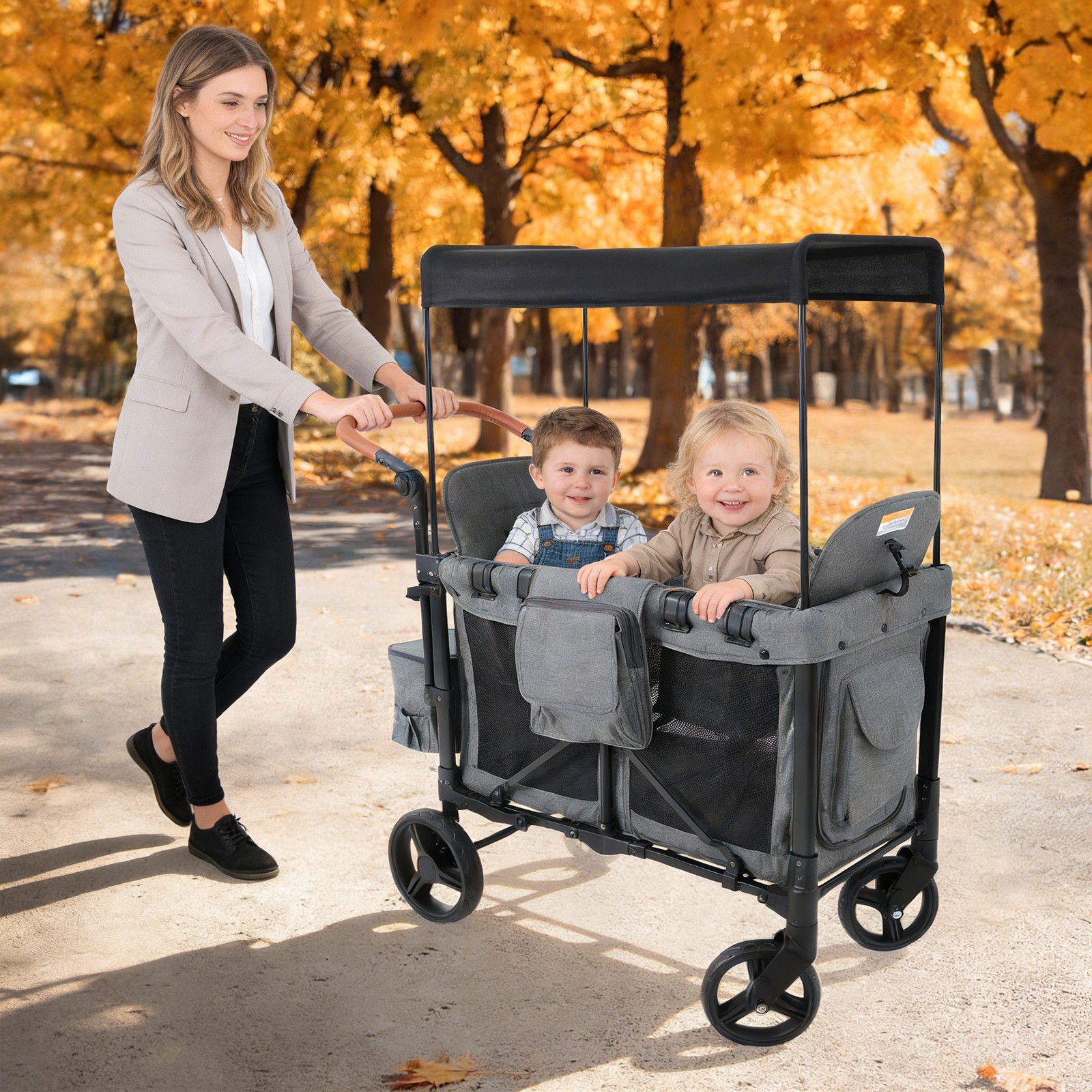 2 Seat Wagon Stroller Baby Wagon Stroller for 2 Kids Wagon Stroller w/ Canopy US