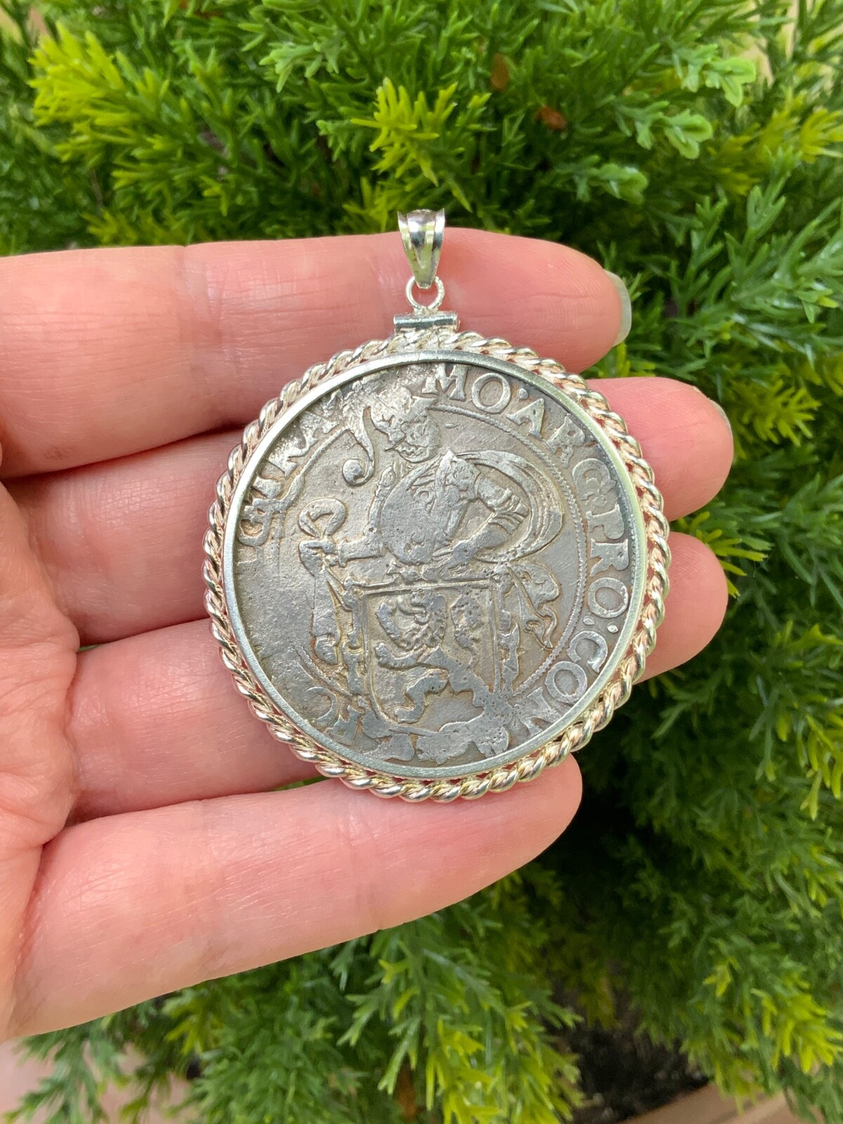 Huge Antique Coin Pendant Sterling Silver Netherlands Silver Lion Daalder 1617