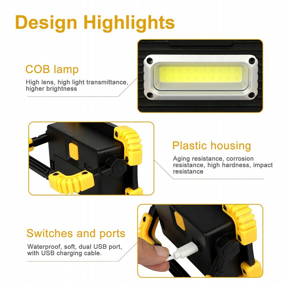 LED COB Work Light USB Rechargeable Spotlight Floodlight Camping Emergency Torch
