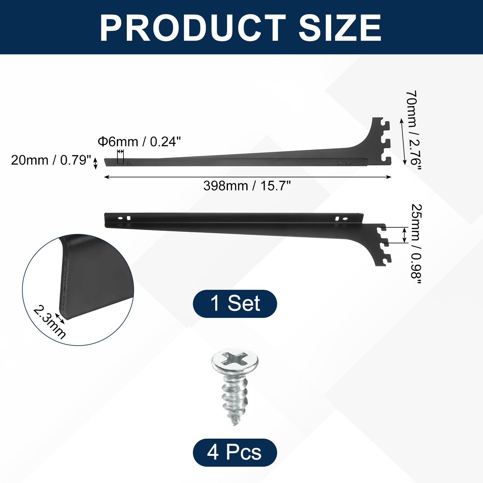 2Pcs Adjustable Shelf Brackets, 15.7" 2.3mm Upright Bracket Shelf Bracket, Black