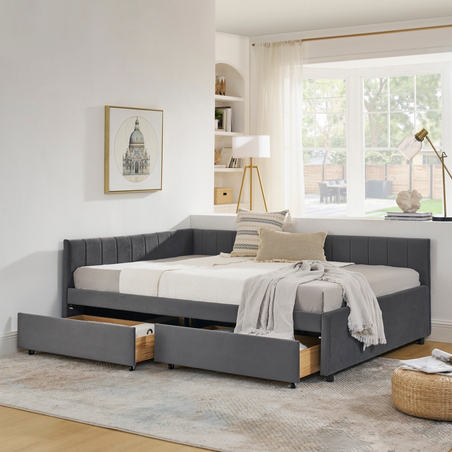 Full Size Daybed Velvet Upholstered Bed Frame w/ 2 Storage Drawers Gray/Black