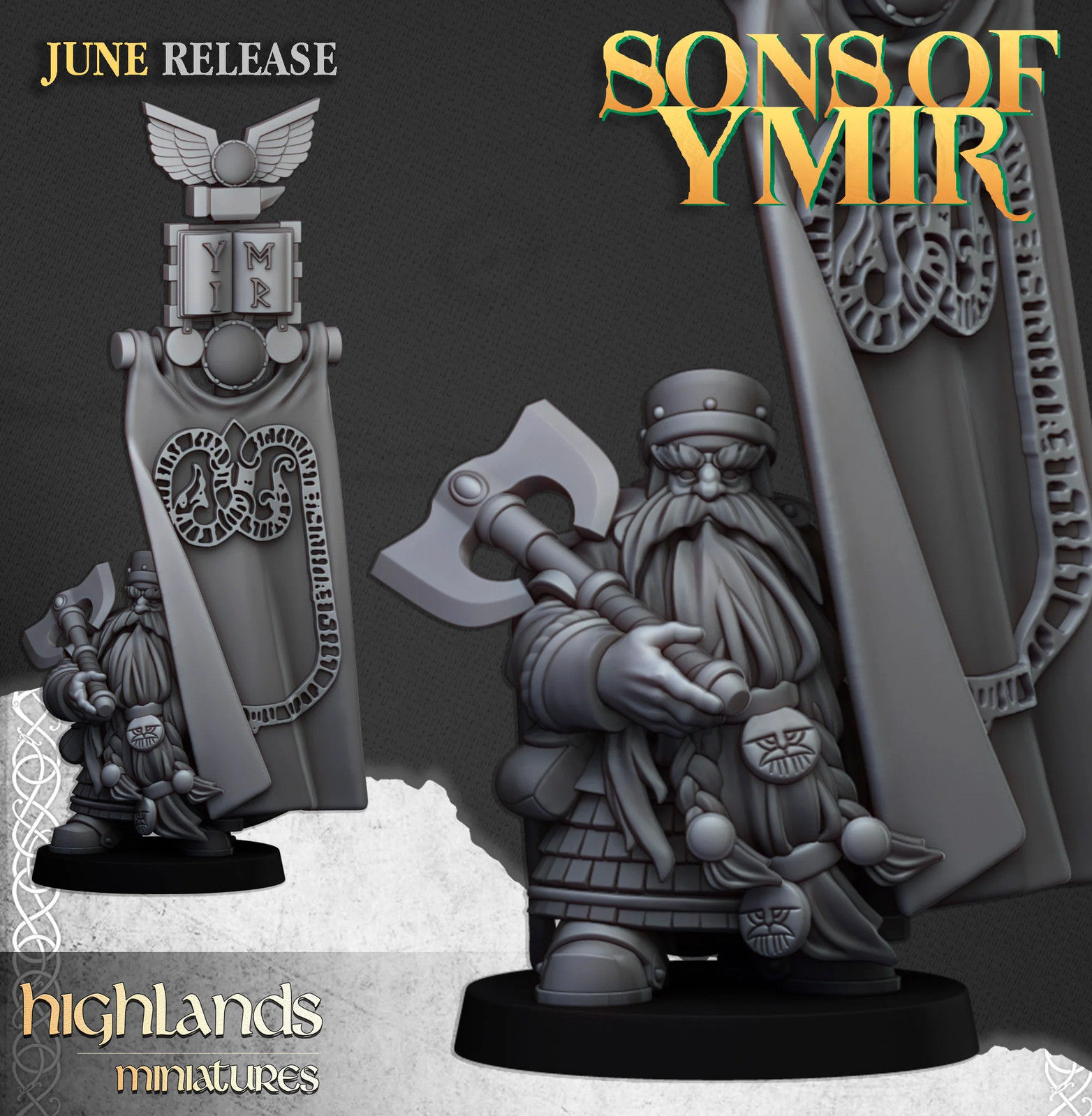 Dwarf Lord with Banner - 28-32mm Sons of Ymir - Resin Tabletop Miniature