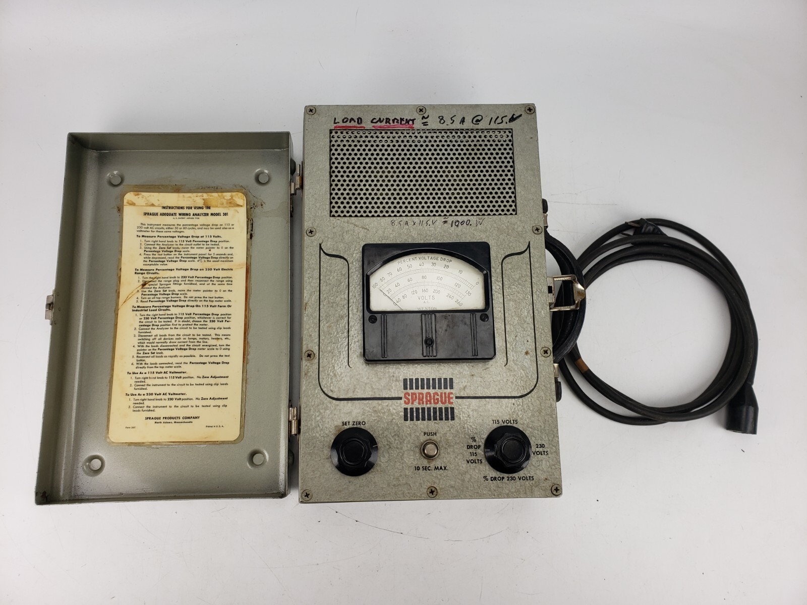 Vintage Sprague Adequate Wiring Analyzer 301 Test Unit AS IS