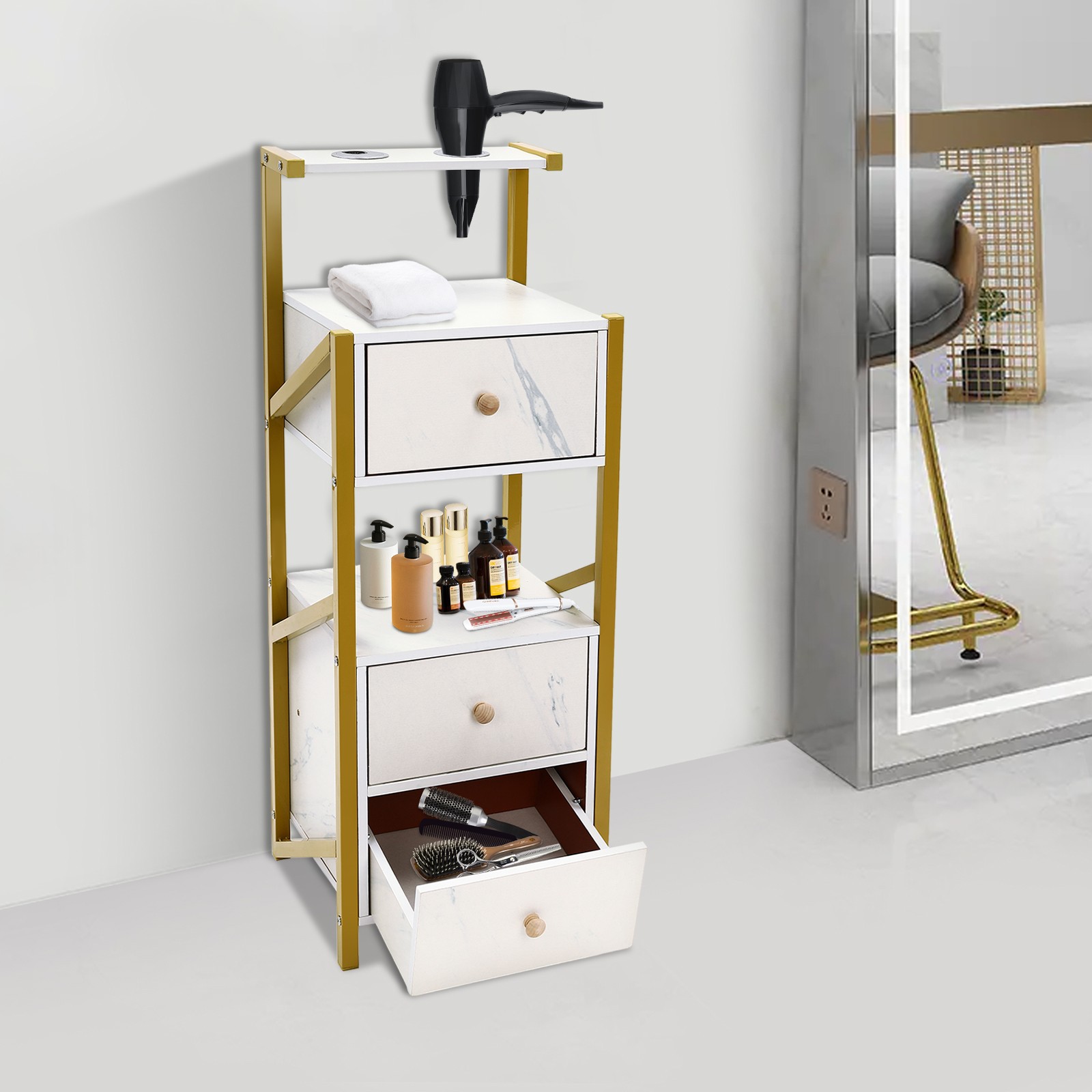 3 Drawer Salon Storage Cabinet Beauty Salon Station With Hair Dryer Holders