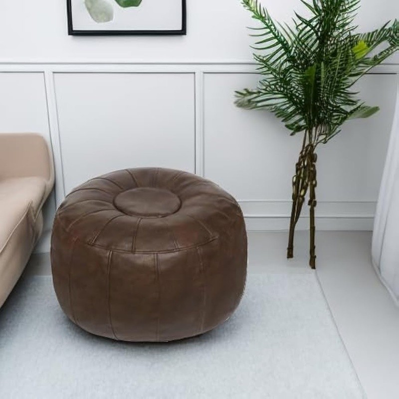 Unstuffed Moroccan Pouf DIY Fillable Vegan Leather Ottoman Space Saving Portable