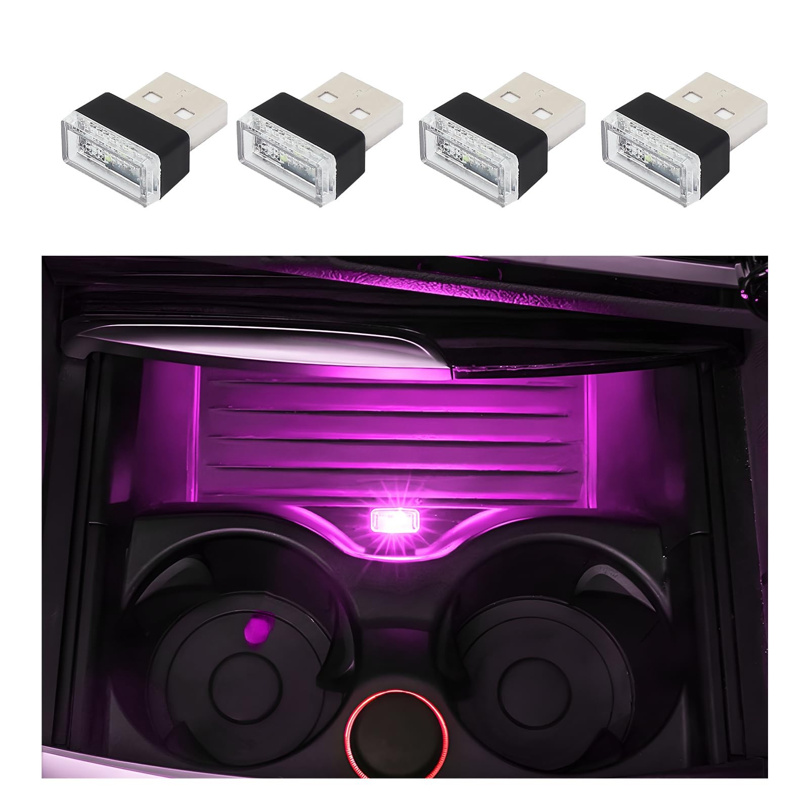 Dickno 4 PCS USB LED Car Interior Atmosphere Lamp, Portable Mini Pink