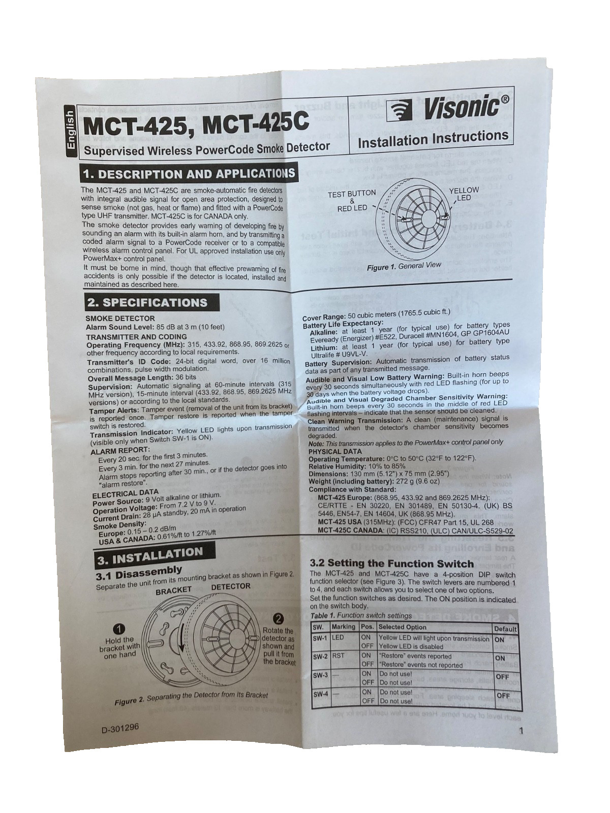 Visonic MCT-425 Wireless Smoke Detector Used - Tested Good