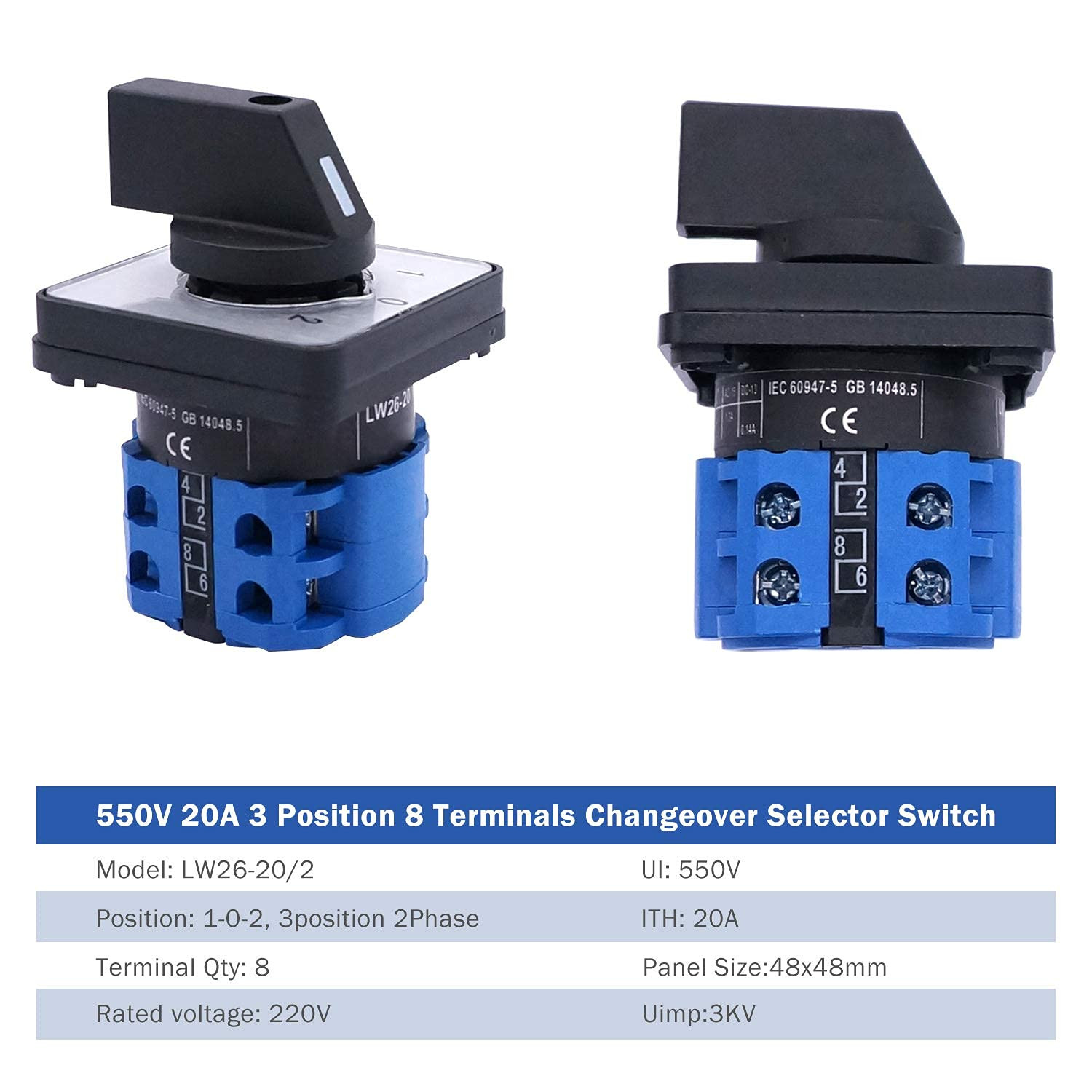 Changeover Switch 3 Position Selector Switch Box 8 Terminals 20A 550V Universal