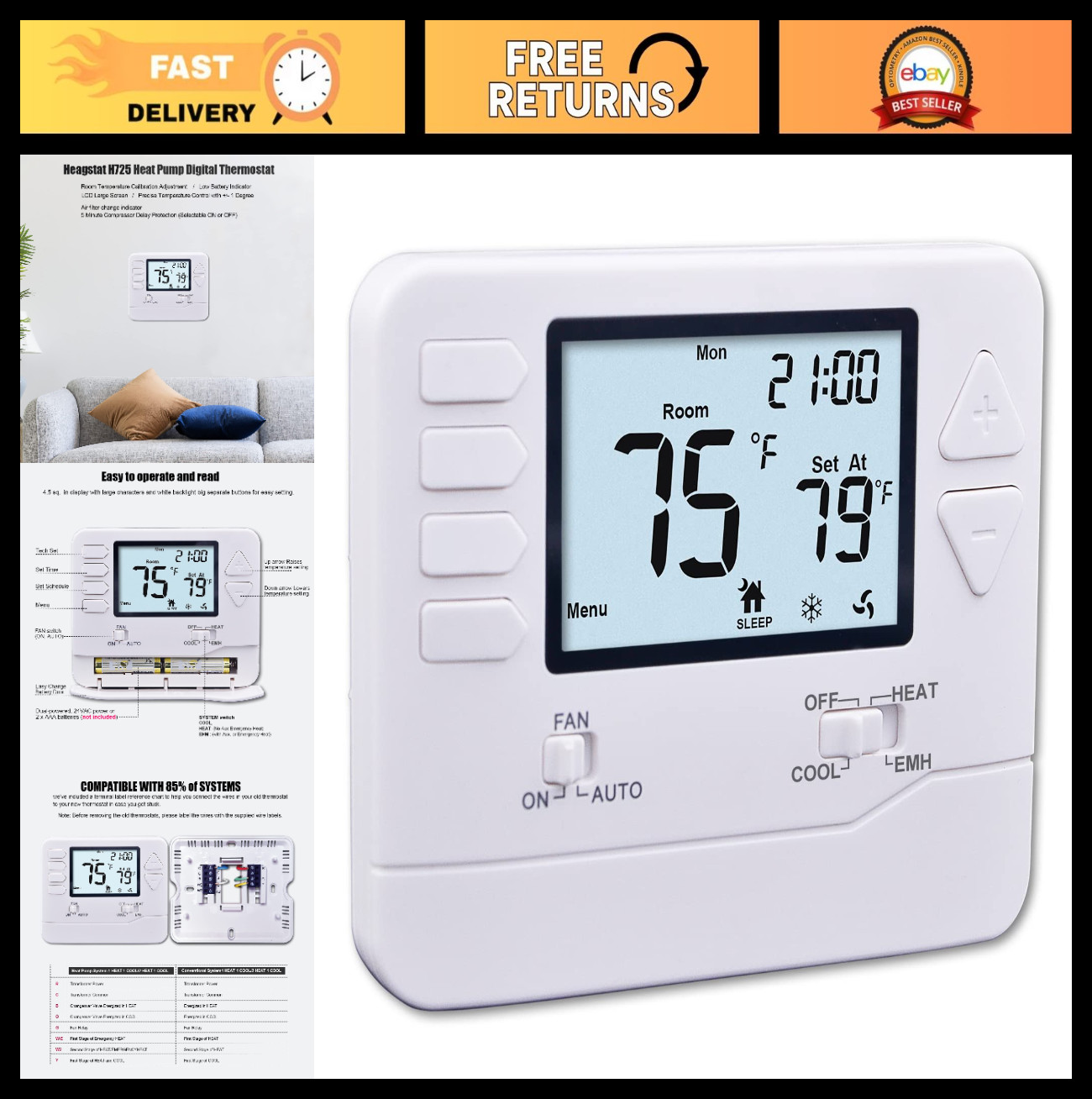 5-1-1 Day Programmable Heat Pump Thermostat, 2 Heat/1 Cool, DIY Install, 4.5" Di