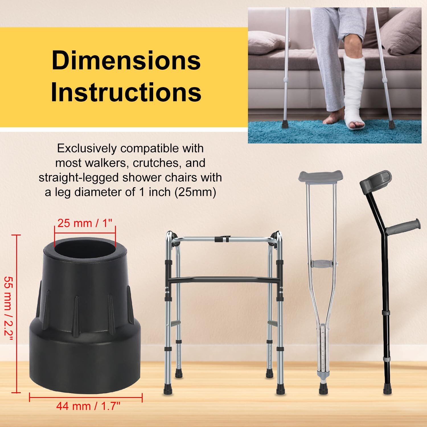 1-Inch Non-Slip Rubber Cane Tips, 4 Pack Replacement Tips for Walkers, Crutches