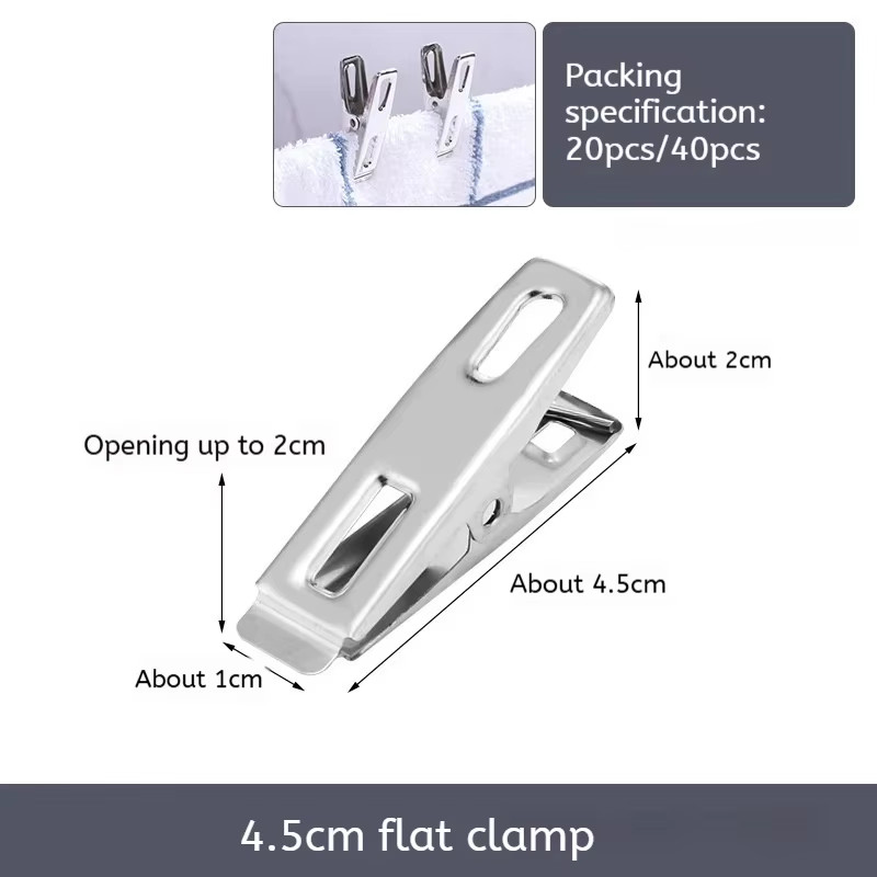 20Pcs Stainless Steel Flat Mouth Clothespins, Binder Clips, Drying Hanger, Metal