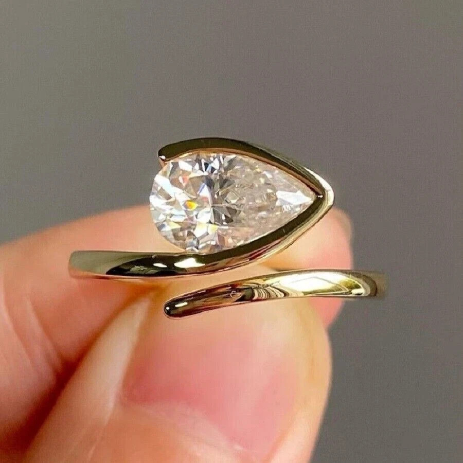 Bezel Setting Pear Cut 2.10 Ct Moissanite Engagement Wedding Ring