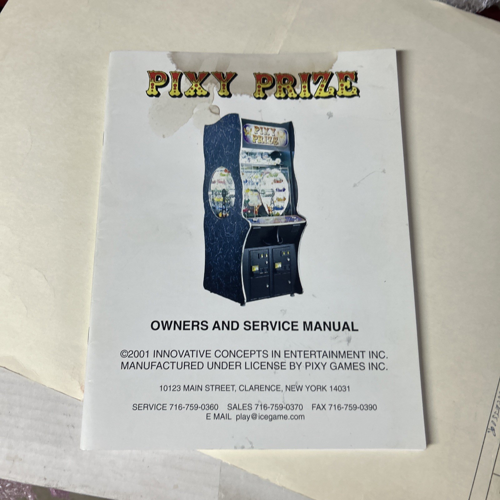 original PIXY PRIZE ICE arcade game manual
