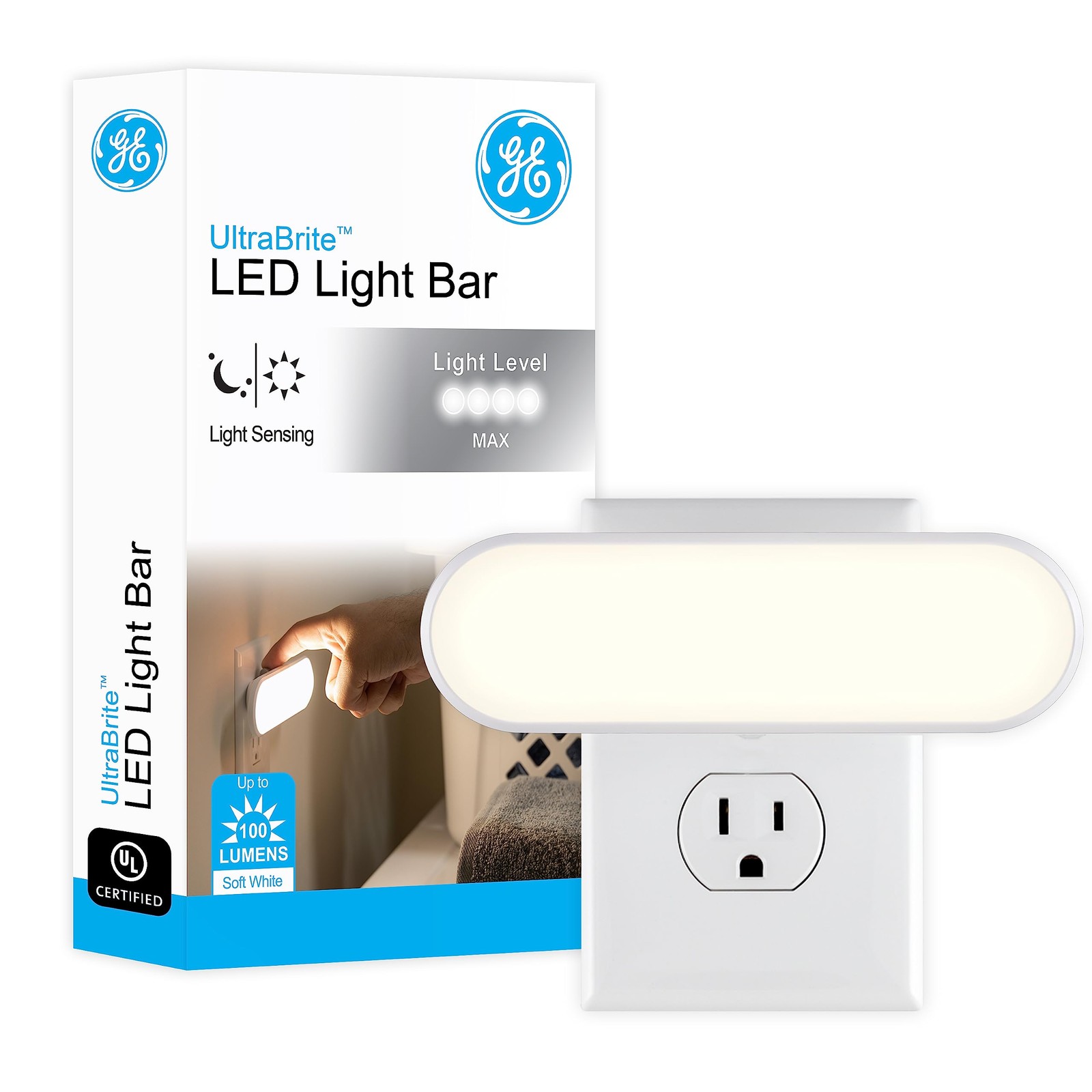 GE Ultrabrite Plug-In LED Light Bar Night Light Dusk to Dawn Sensor 100 Lumens