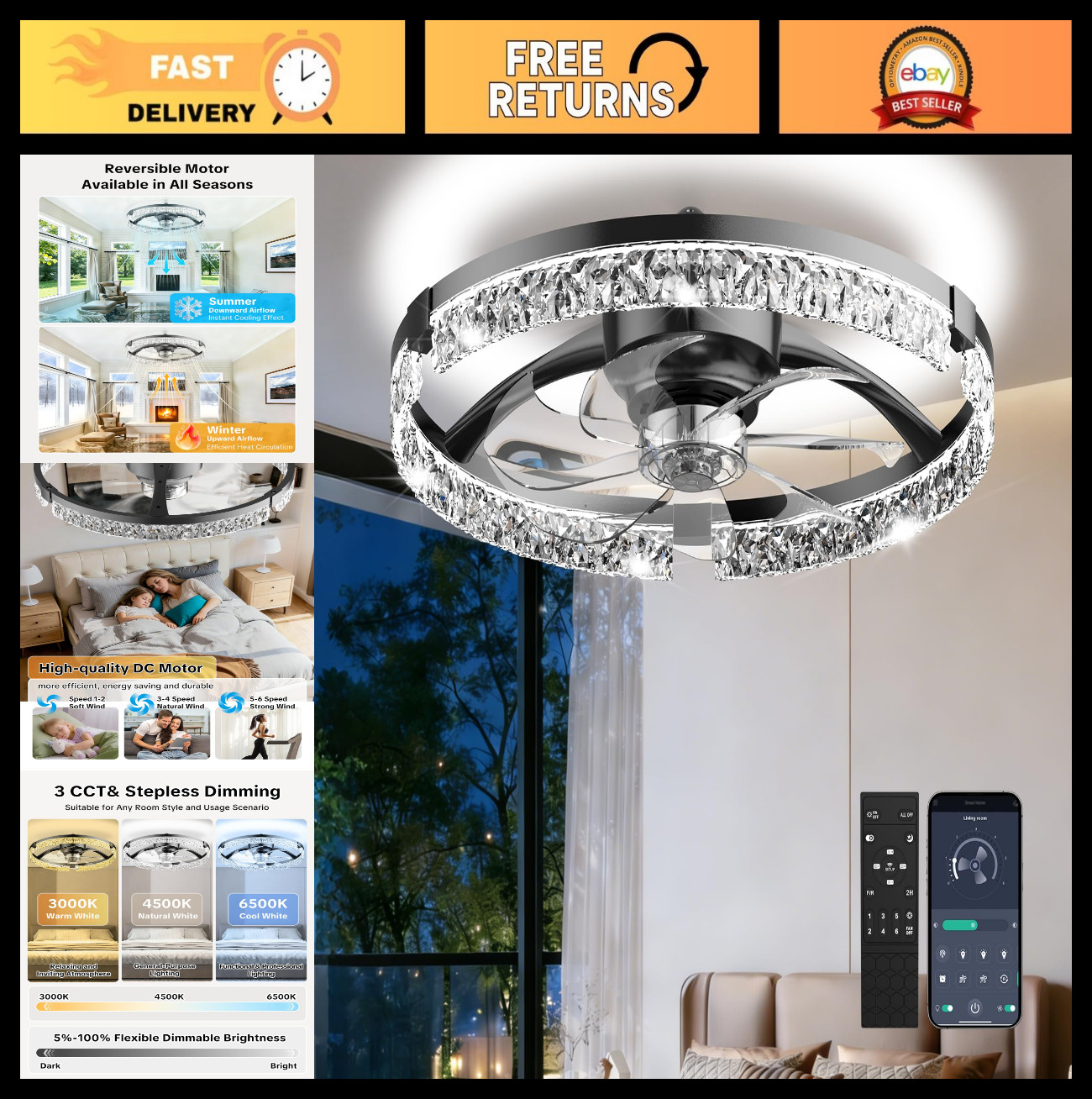 20" Low Profile Ceiling Fan with Light & Remote, Dimmable LED, 6 Speeds, Modern