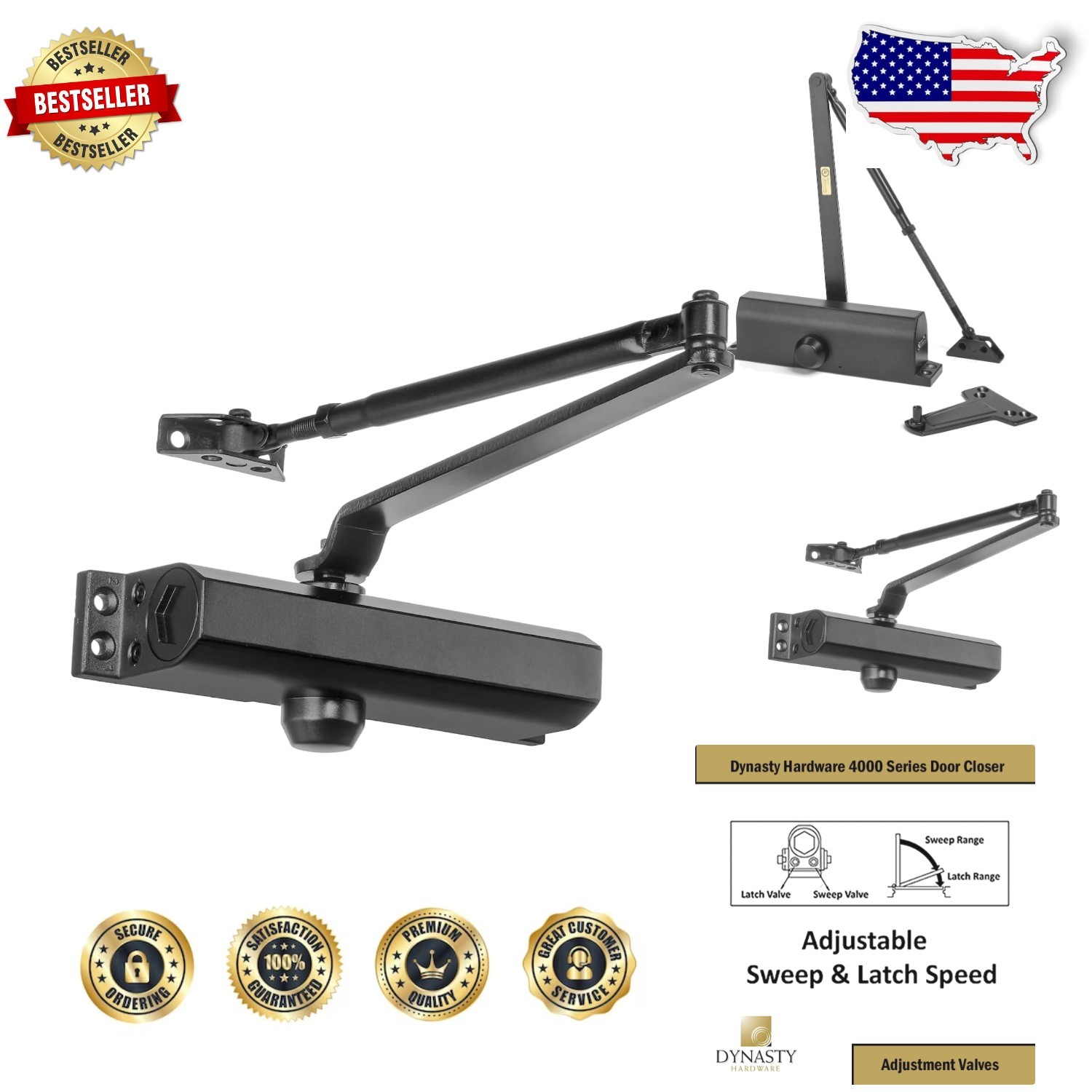 Door Closer Commercial Hydraulic Size 4 Duronotic Bronze Smooth Self-Closing