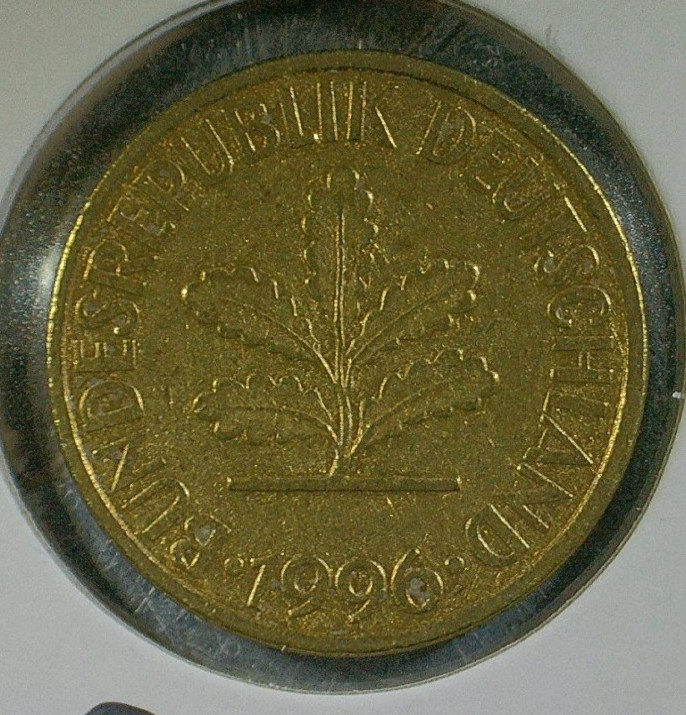 WORLD COIN SALE--1996-D  GERMANY  10 PFENNIG--BRASS PLATED STEEL COIN-KM# 108