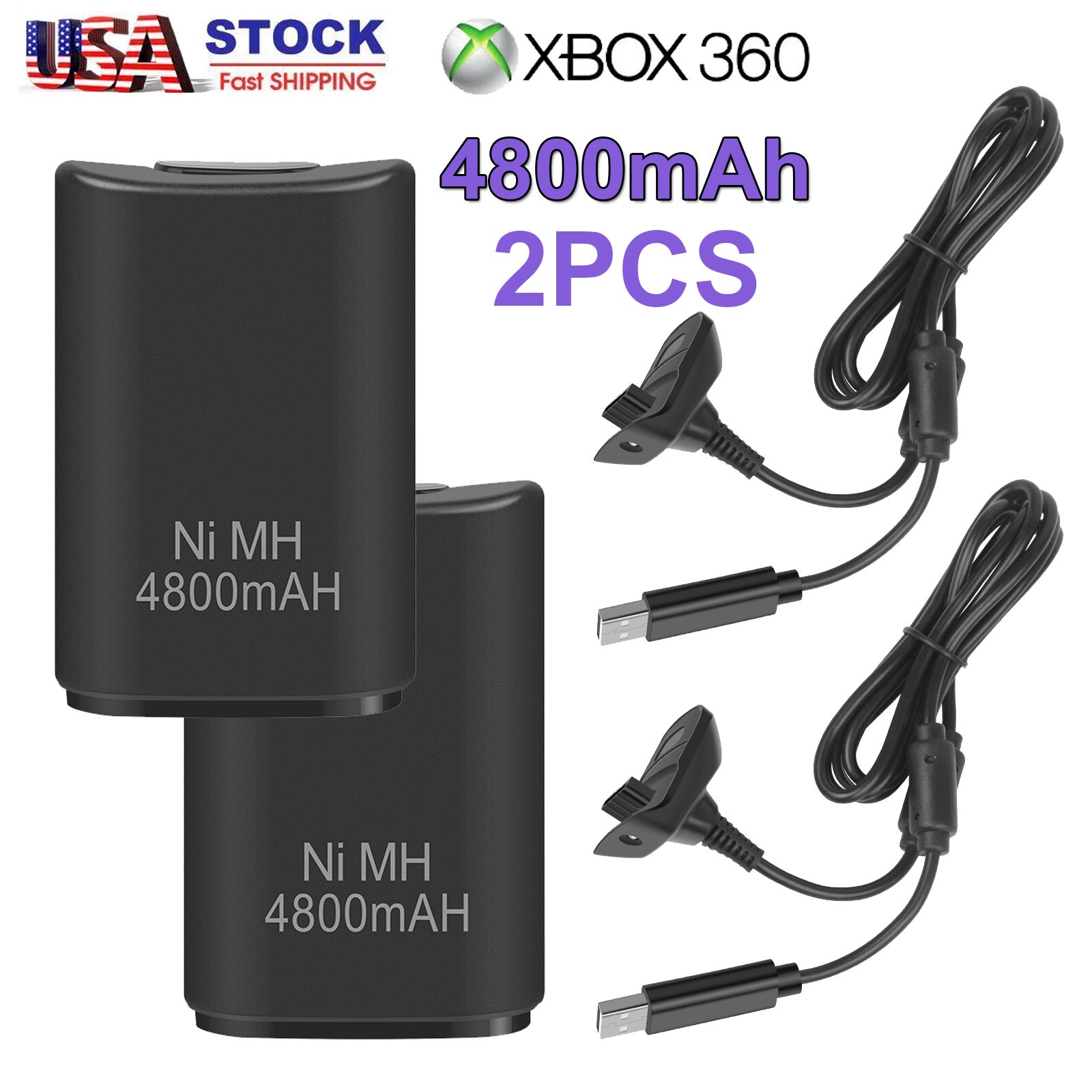 2Pcs Rechargeable Battery Pack USB 4800mAh Charger Cable For XBox 360 Controller