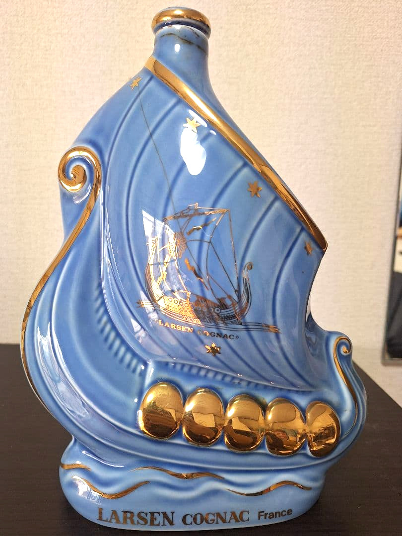LARSEN Cognac Ship-Shaped Empty Bottle Blue Ceramic H/9.45 inch w/ Stopper