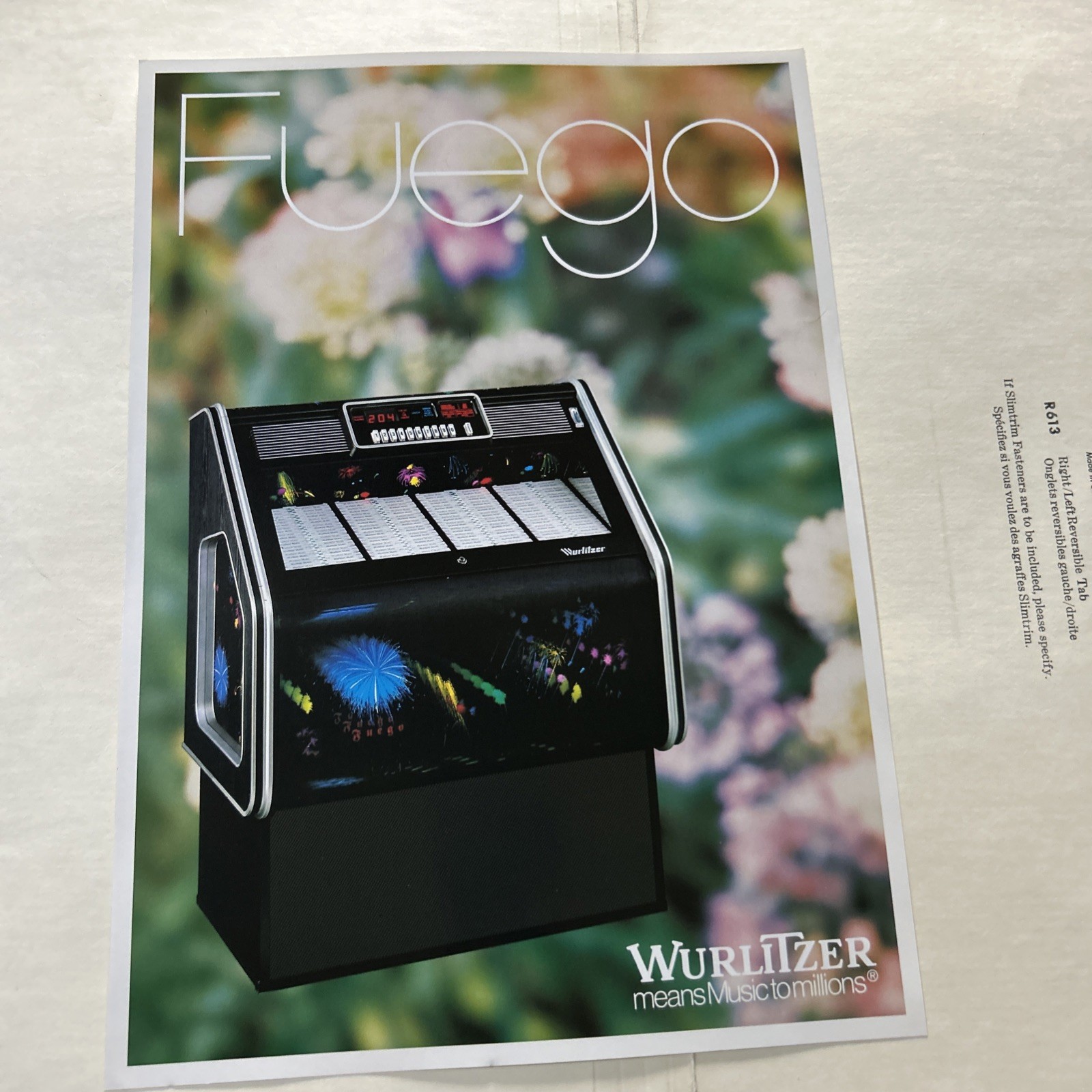 Original Factory Jukebox Wurlitzer Fuego Phonograph FLYER