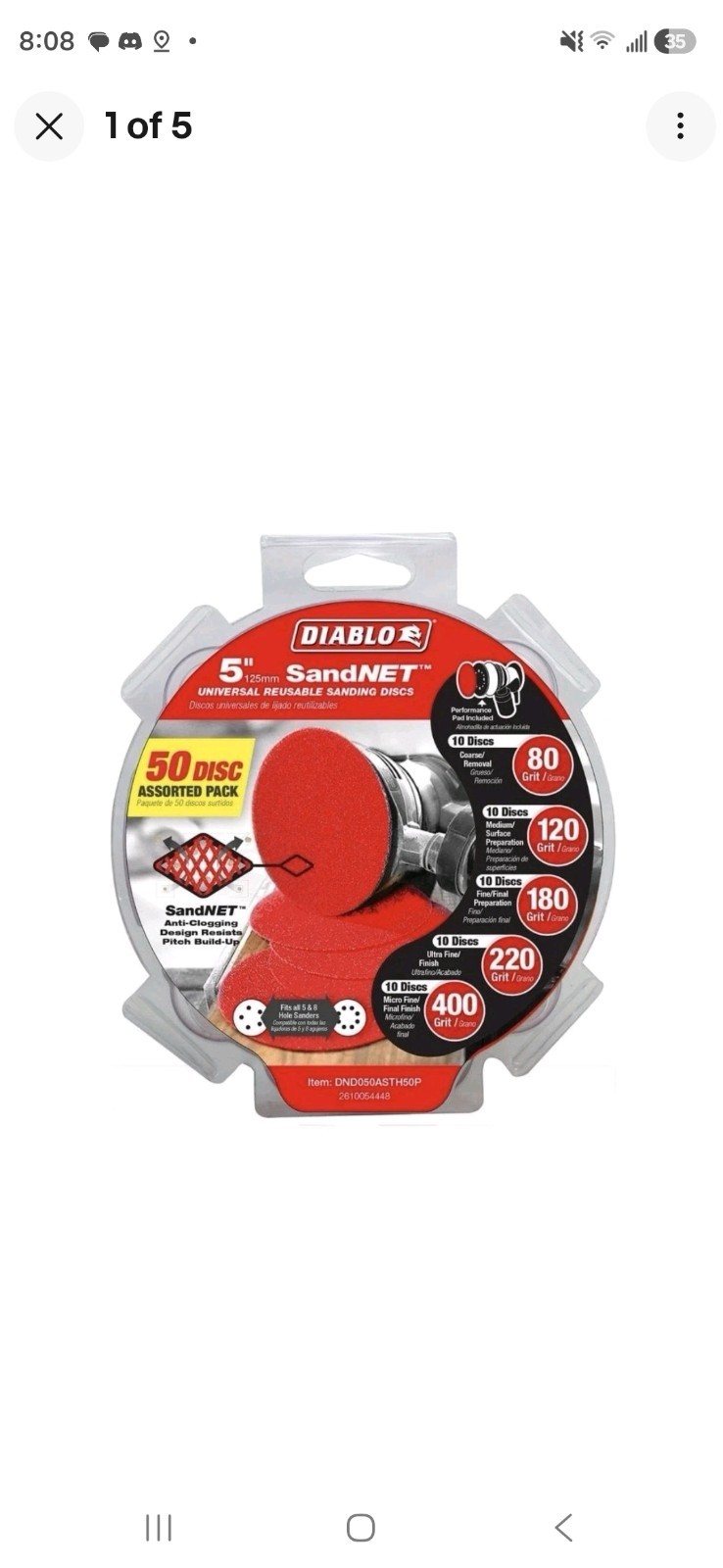 Diablo DND050ASTH50P 5 " inch SandNet Coated Assorted Disc 50 Pack 80-400 grit