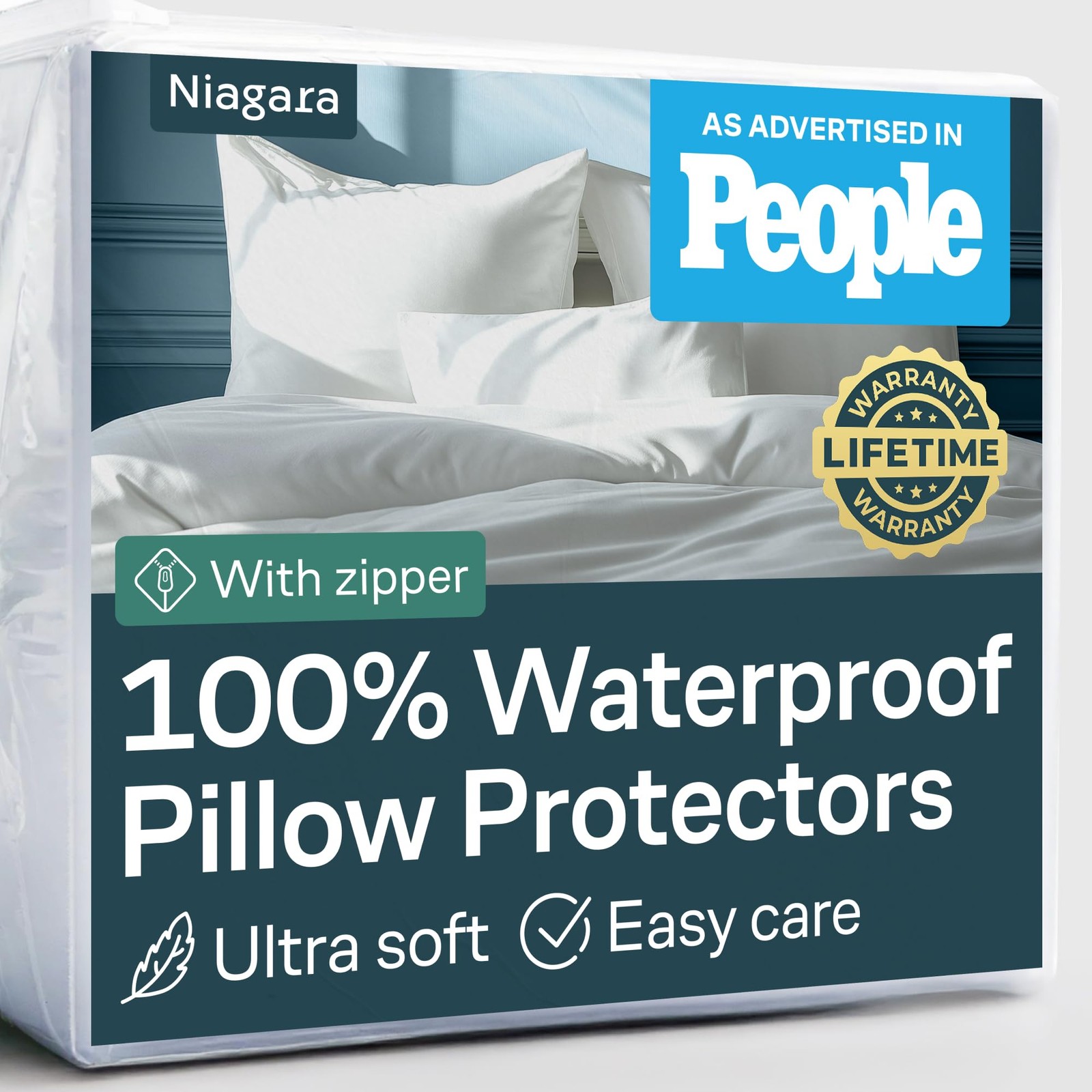 Niagara Pack Waterproof Pillow Protectors 20x26 Inches Smooth Zipper Standard 4