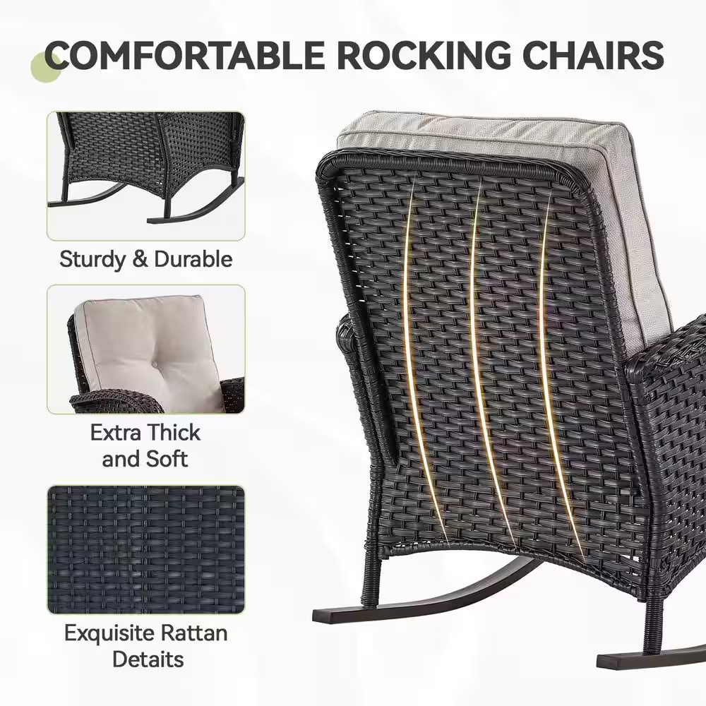 Sleekarm Black 3-Piece Wicker Outdoor Rocking Chair with Beige Cushions and Side