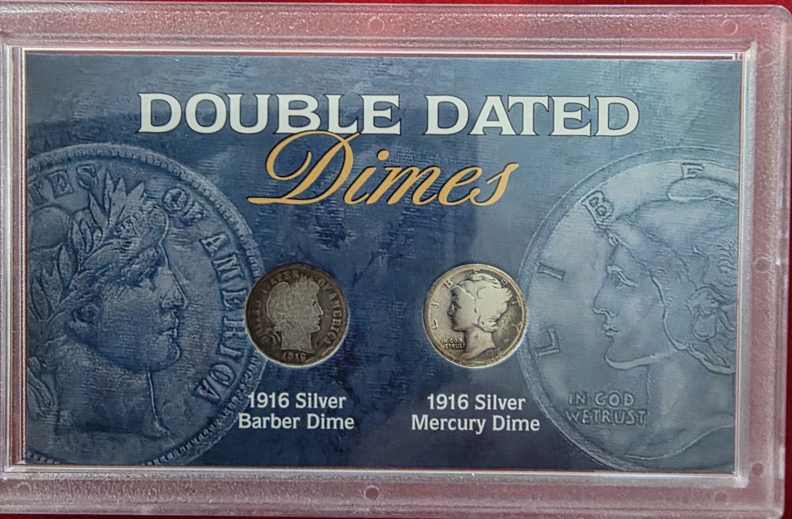 1916 US  Silver 10 Cent DOUBLE DATED Dimes, Barber & Mercury,  Collector Case