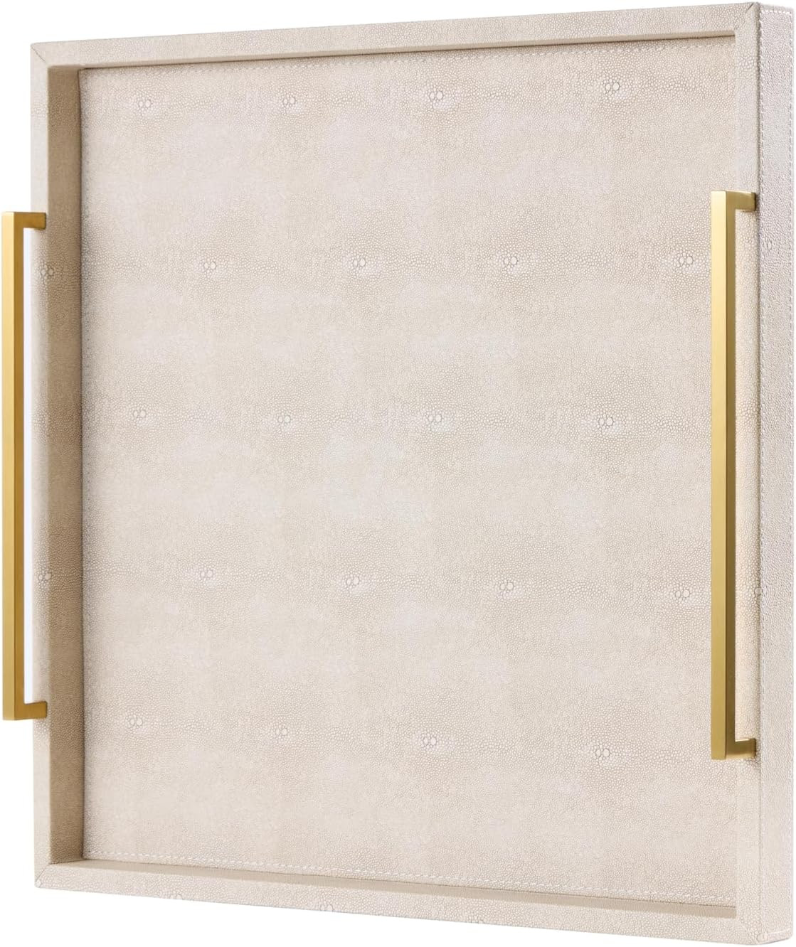 Oversized 24" Ivory Shagreen Leather Ottoman Tray with Gold Handles