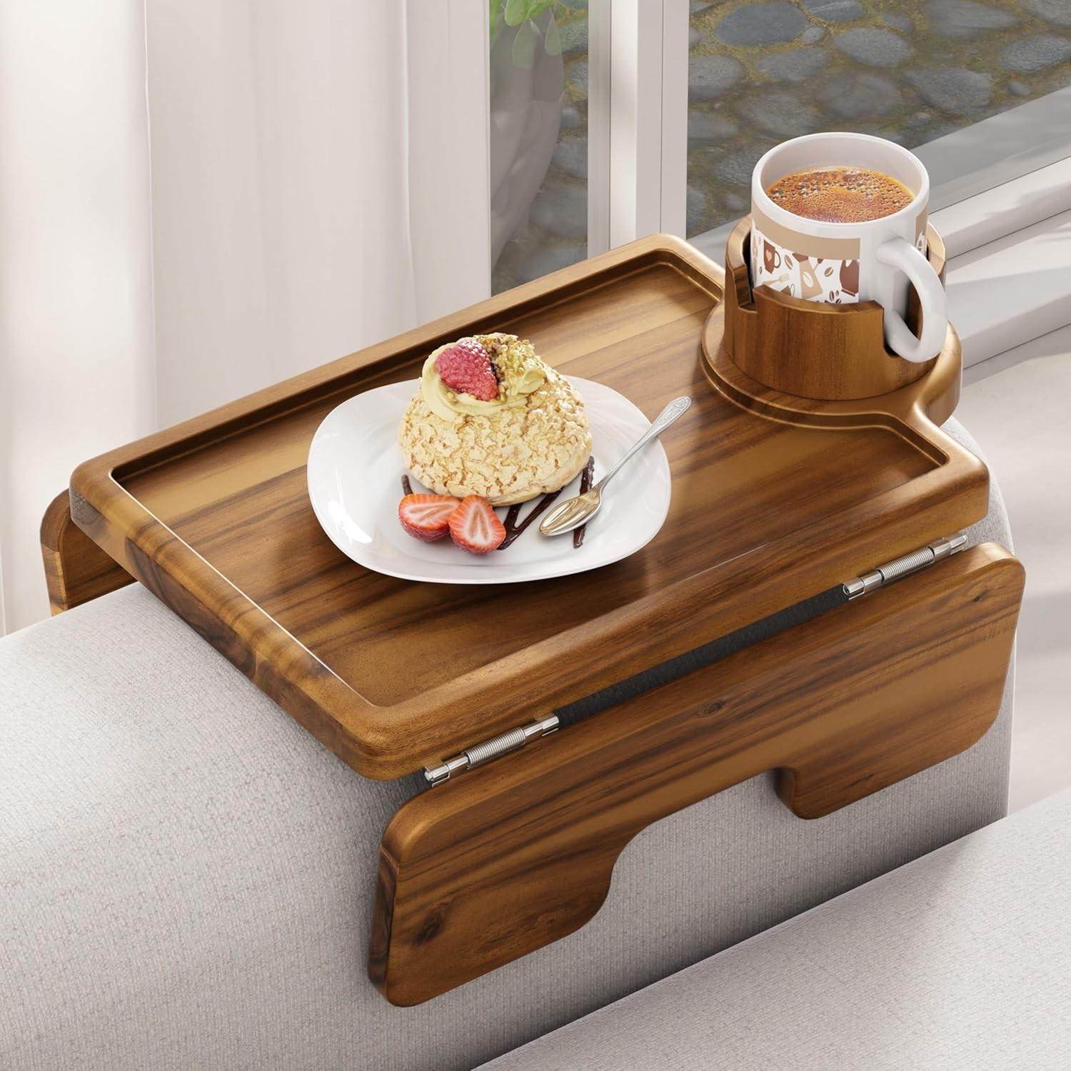 Large16 Couch Cup Holder Tray & Sofa Arm Tray – Acacia Wood Clip-On Side Table