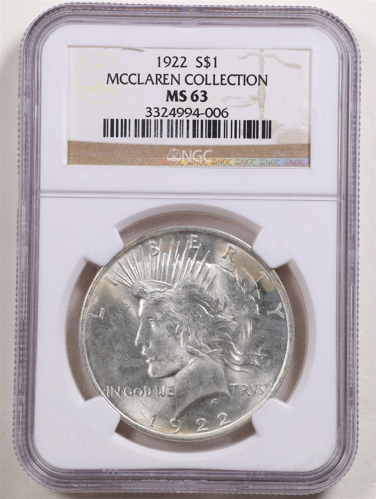1922 $1 Peace Silver Dollar MS63 NGC 3324994-006 McClaren Collection