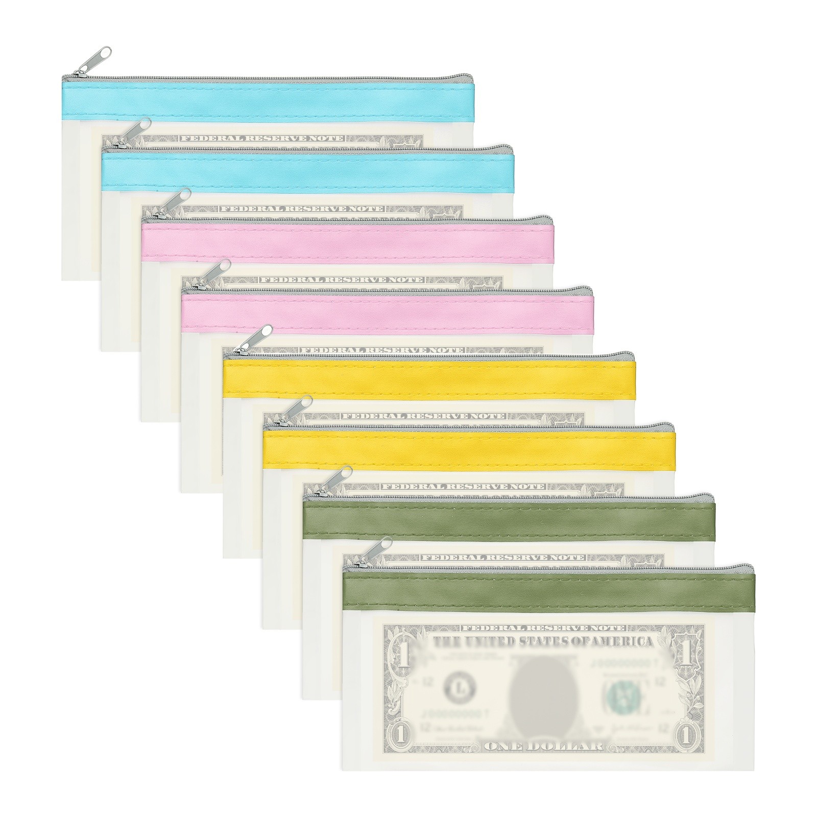 8.5x4 Inch Money Bags with Zipper, 8Pcs Clear Cash Pouch, Blue/Pink/Yellow/Green